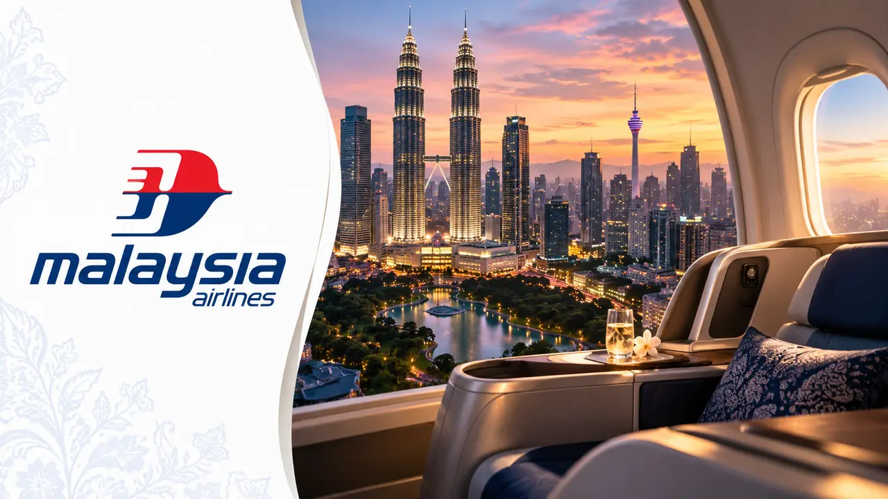 Logo Malaysia Airlines à esquerda e Kuala Lumpur com cabine premium à direita, ilustrando Enrich