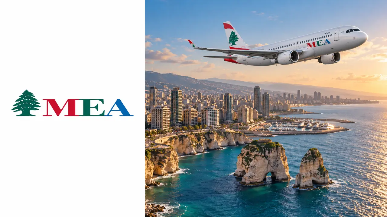 Logo MEA à esquerda e avião com costa de Beirut à direita, capa Cedar Miles