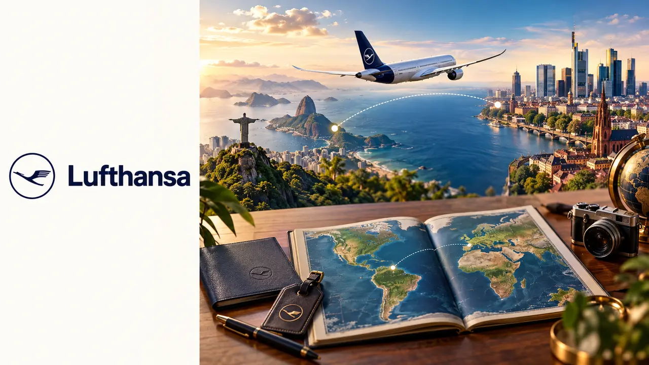 Tabela Miles & More para parceiros: valores e cuidados para sair do Brasil 2 Logo Lufthansa à esquerda e mapa de viagem Brasil–Europa à direita, ilustrando a tabela Miles & More