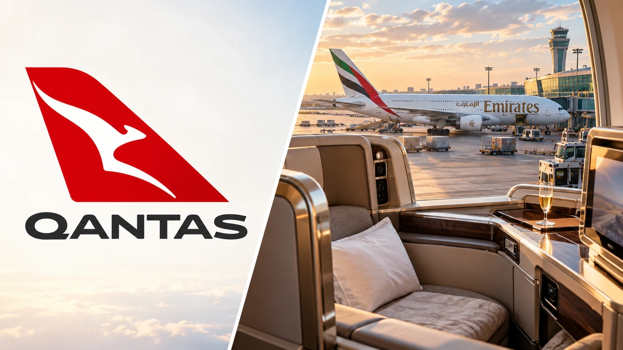 Logo da Qantas à esquerda e cabine premium com avião Emirates à direita, capa do artigo de tabelas de resgate.