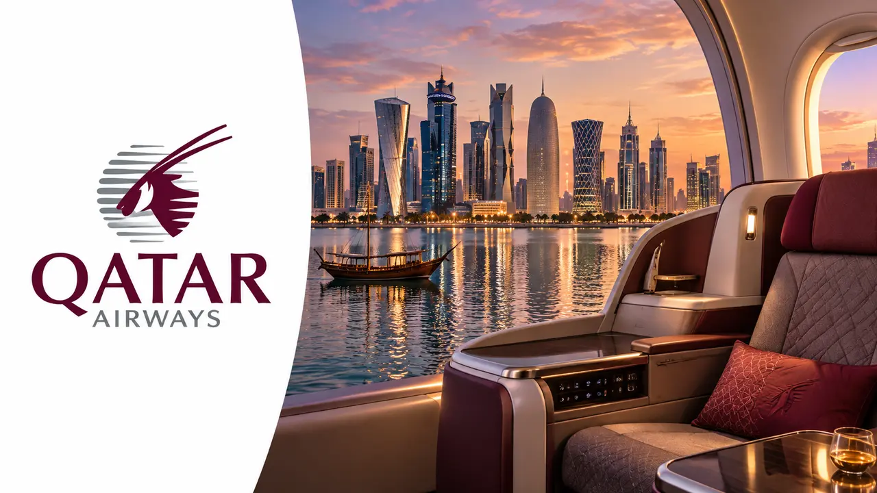 Qatar Airways Privilege Club: guia e resgates para brasileiros 2 Logo da Qatar Airways à esquerda e paisagem de Doha com cabine executiva à direita
