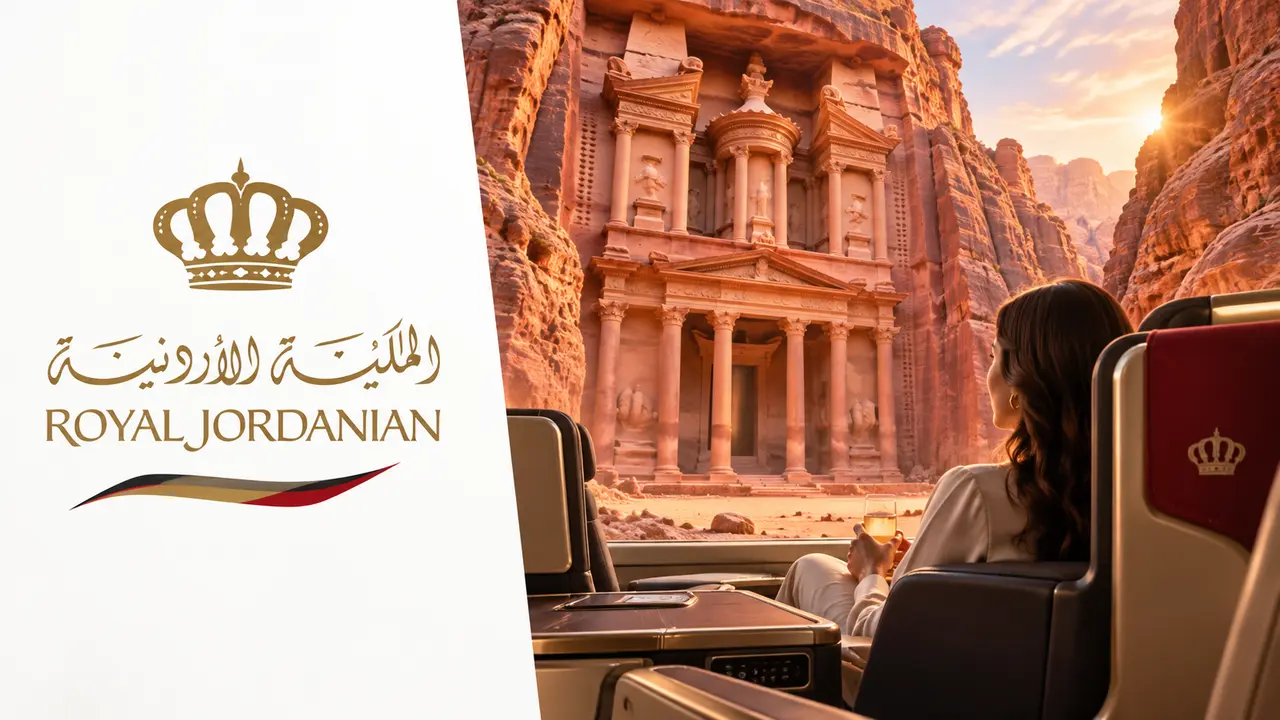 Royal Club Royal Jordanian: guia e resgates para brasileiros 6 Logo Royal Jordanian à esquerda e Petra com cabine de viagem à direita, ilustrando Royal Club