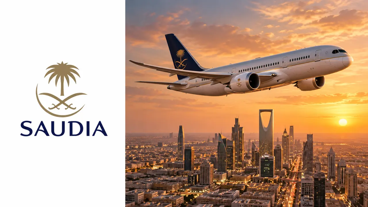 AlFursan Saudia: milhas, validade e resgates no Oriente Médio 8 Logo Saudia à esquerda e avião sobre cidade saudita ao pôr do sol à direita, capa AlFursan