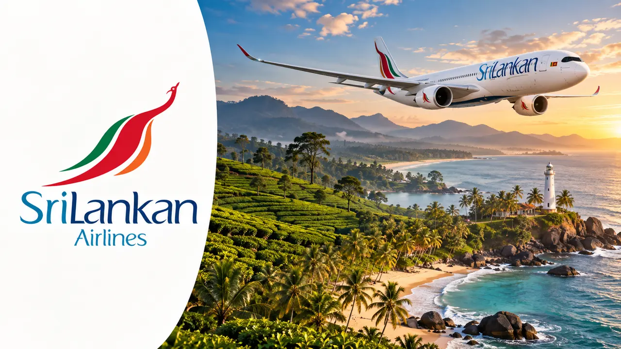 FlySmiLes SriLankan Airlines: milhas, status e resgates na oneworld 5 Logo SriLankan Airlines à esquerda e paisagem do Sri Lanka à direita, ilustrando FlySmiLes