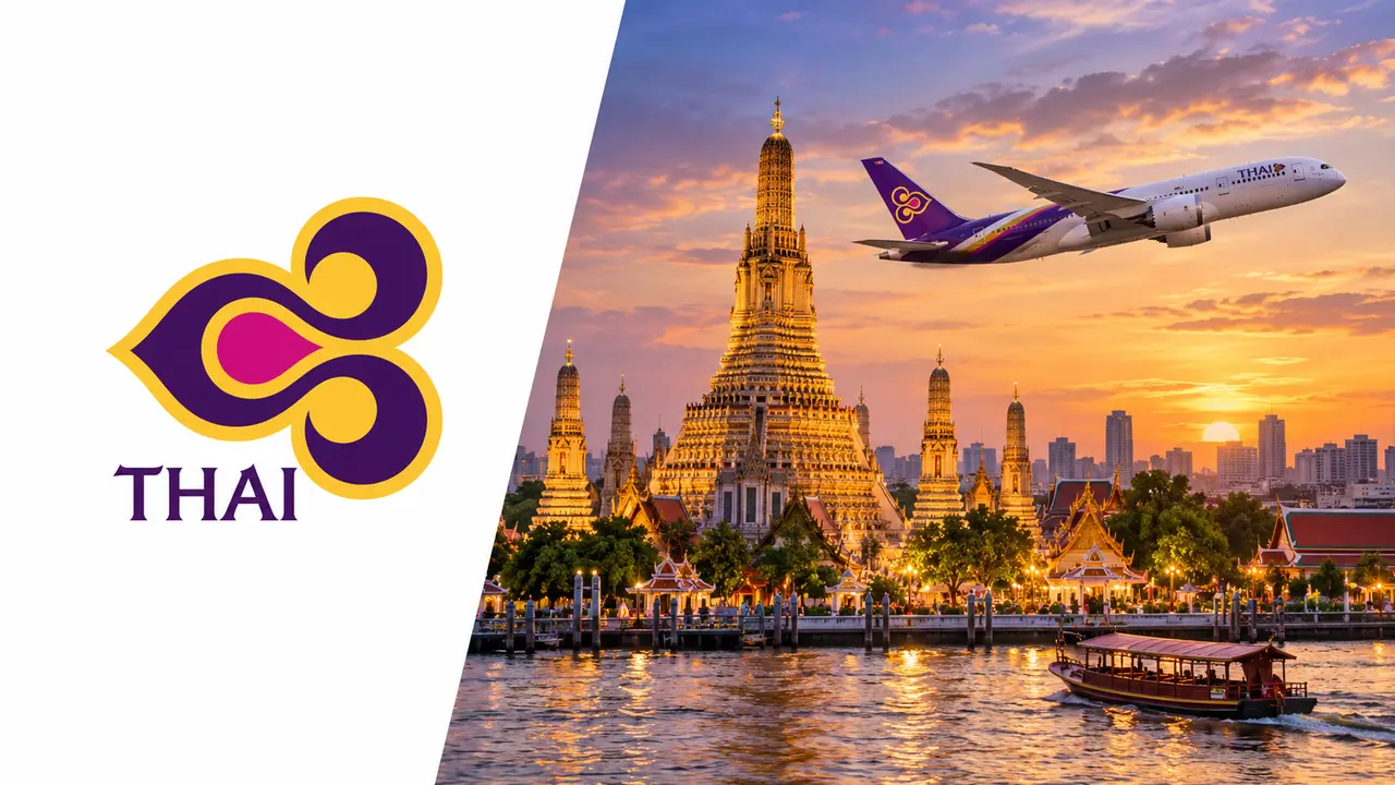 Logo Thai Airways à esquerda e avião sobre templo de Bangkok à direita, capa Royal Orchid Plus