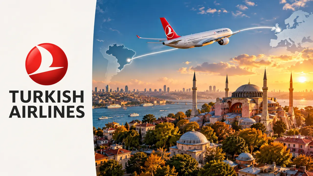 Miles&Smiles para parceiros: como ler a tabela e emitir saindo do Brasil 3 Logo da Turkish Airlines à esquerda e avião com rota do Brasil a Istambul à direita