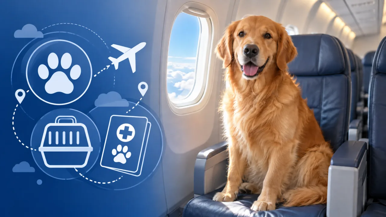 Cachorro dourado em poltrona de avião com ícones de rota, transporte e documento veterinário para viagem com pet