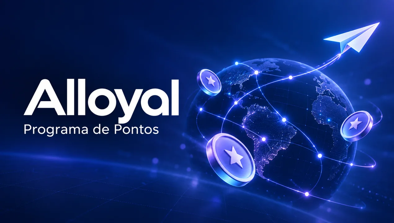 Alloyal Programa de Pontos: capa editorial com rede global, moedas de recompensa e avião de papel.