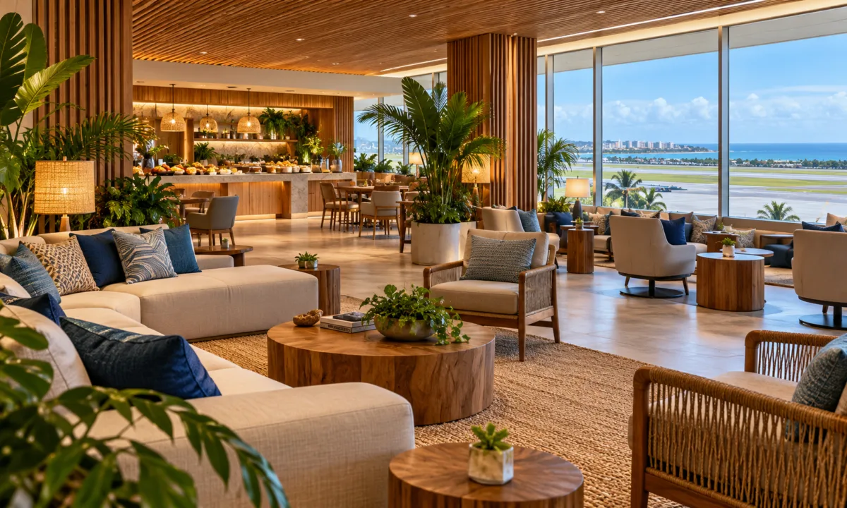 Amaní Lounge é inaugurado no Aeroporto de Salvador: acesso via DragonPass e Day Use 4 Imagem ilustrativa de lounge aeroportuário contemporâneo, com madeira, vegetação tropical e vista para pista.