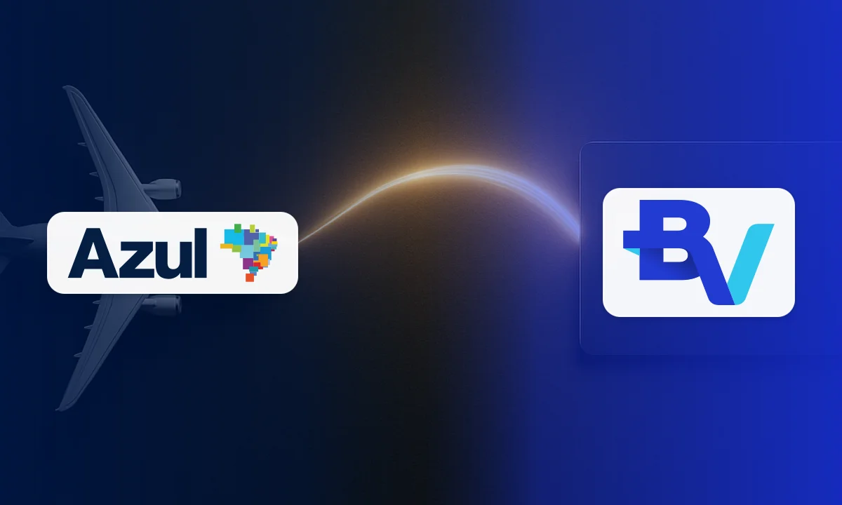 Azul Fidelidade e Banco BV oferecem até 100% de bônus na transferência de pontos 7 Logos Azul Fidelidade e Banco BV conectadas por um arco de luz