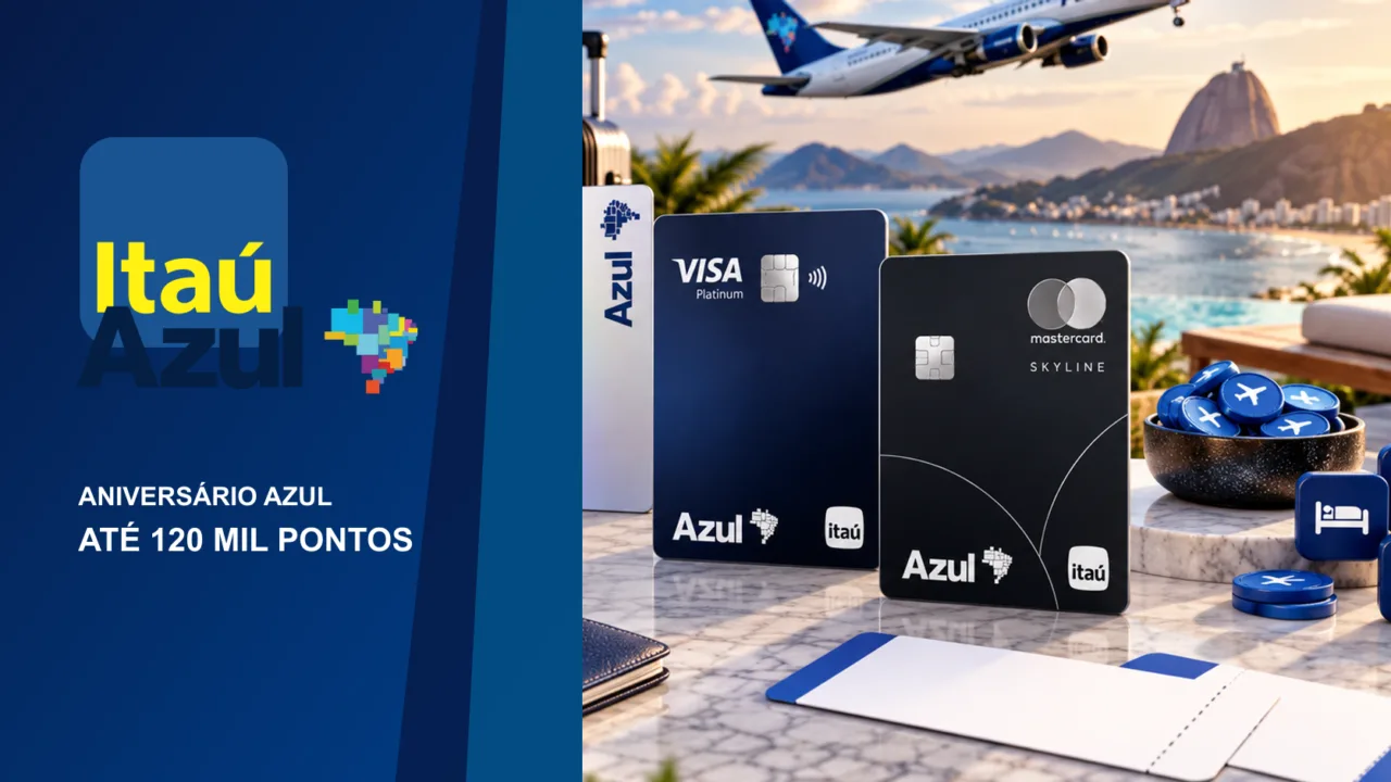 Aniversário Cartão Azul Itaú: até 120 mil pontos bônus; veja as regras 6 Logos Itaú e Azul à esquerda; cartões Azul Itaú Visa e Mastercard Skyline à direita, capa da promoção de até 120 mil pontos.