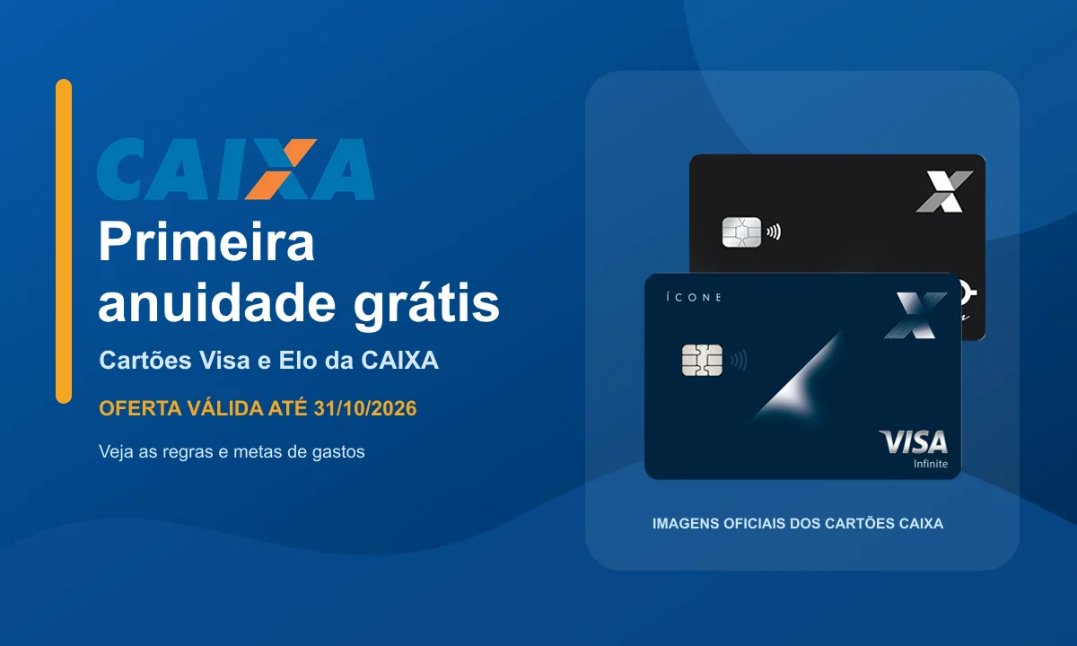 Logo da CAIXA à esquerda e cartões oficiais CAIXA Elo Nanquim e Ícone Visa à direita, capa sobre a primeira anuidade grátis.