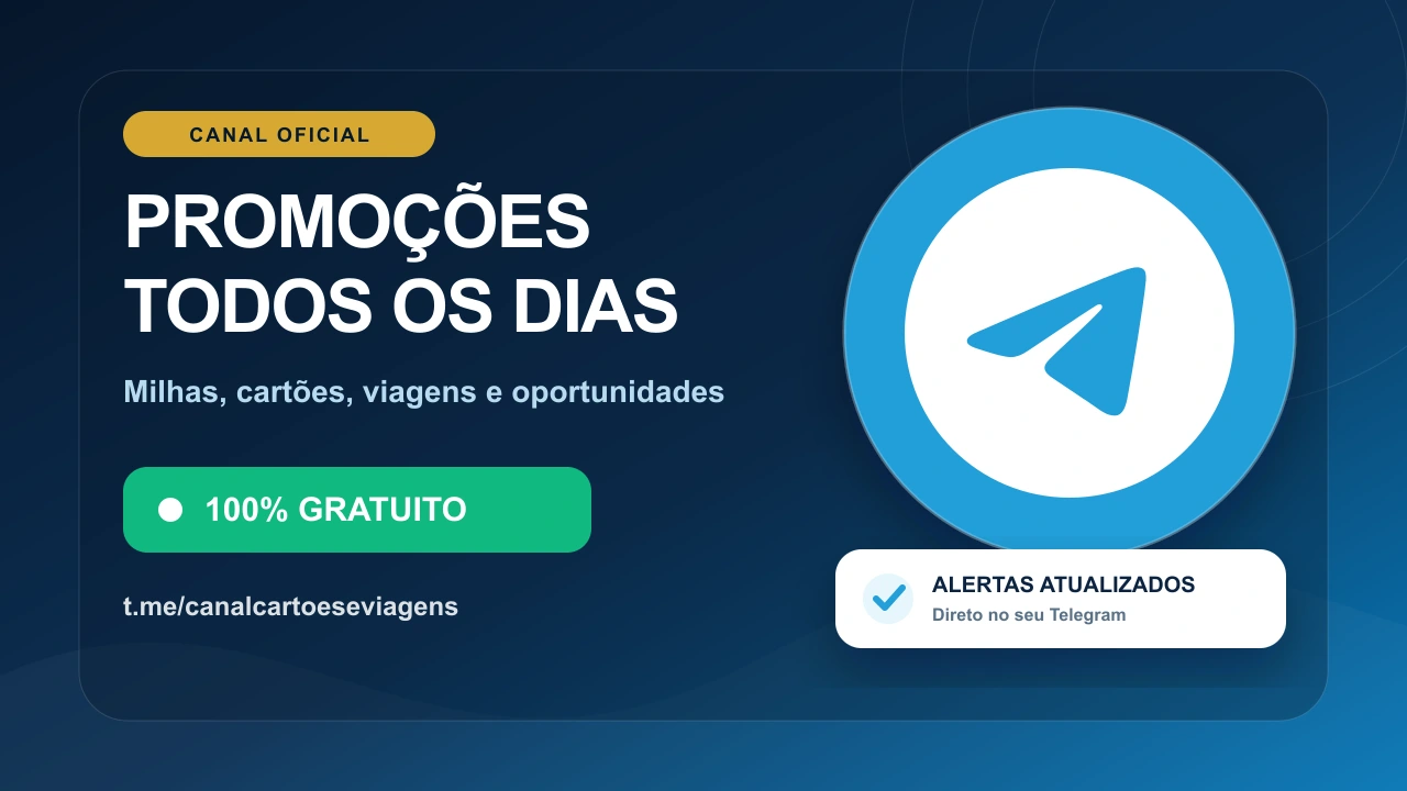 Capa do Canal do Telegram do Cartões e Viagens com destaque para promoções diárias e acesso gratuito.