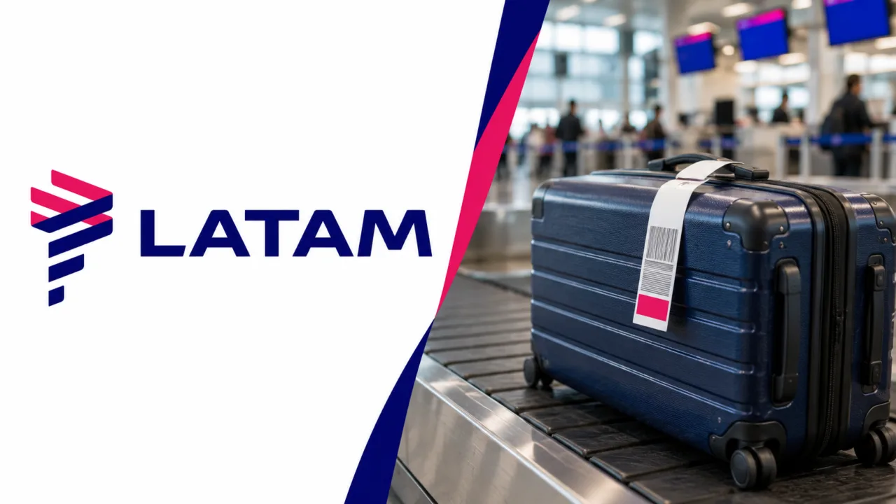 Logo da LATAM à esquerda e mala despachada em esteira de aeroporto à direita
