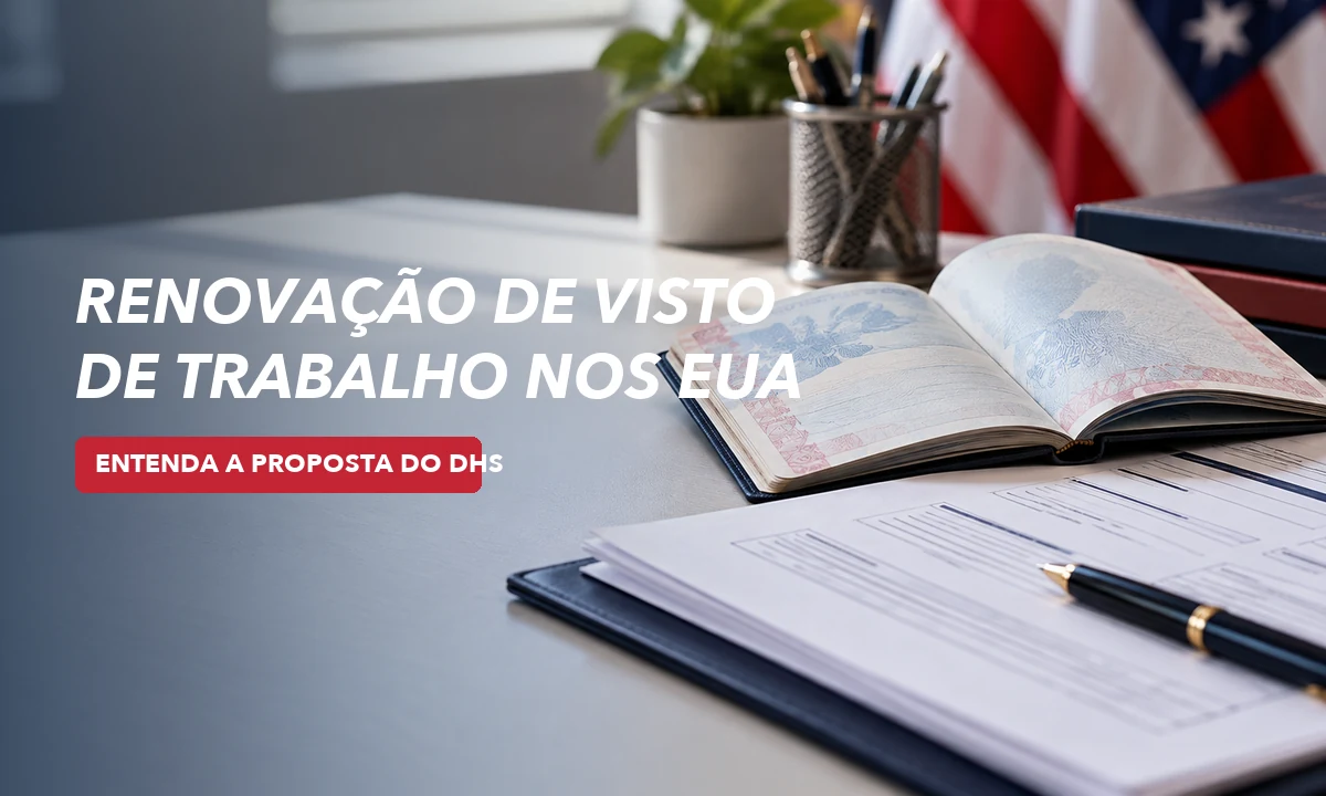 Capa sobre renovação de visto de trabalho nos EUA, com passaporte, documentos e bandeira americana ao fundo