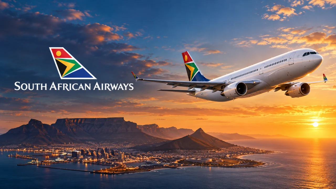 Avião da South African Airways sobre a Cidade do Cabo com logo da companhia