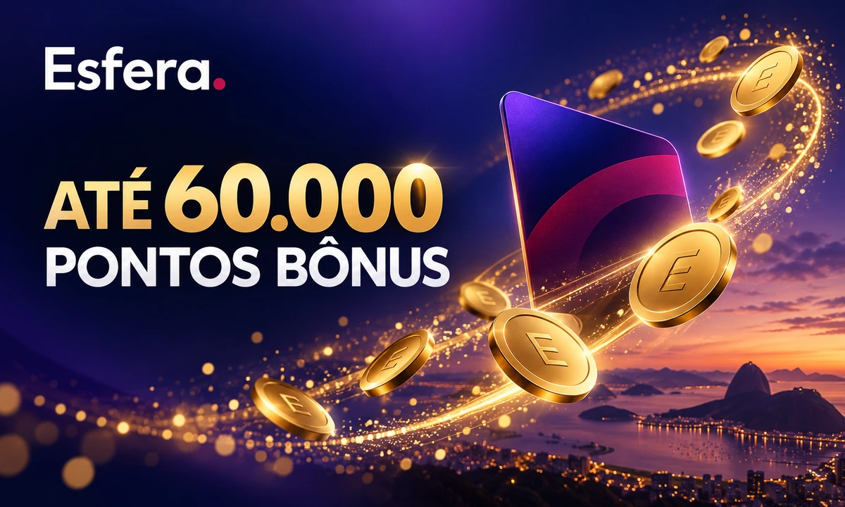 Esfera oferece até 60.000 pontos bônus na assinatura do clube: Saiba como aproveitar! 3 Logo Esfera e oferta de até 60.000 pontos bônus, com pontos dourados e cartão abstrato