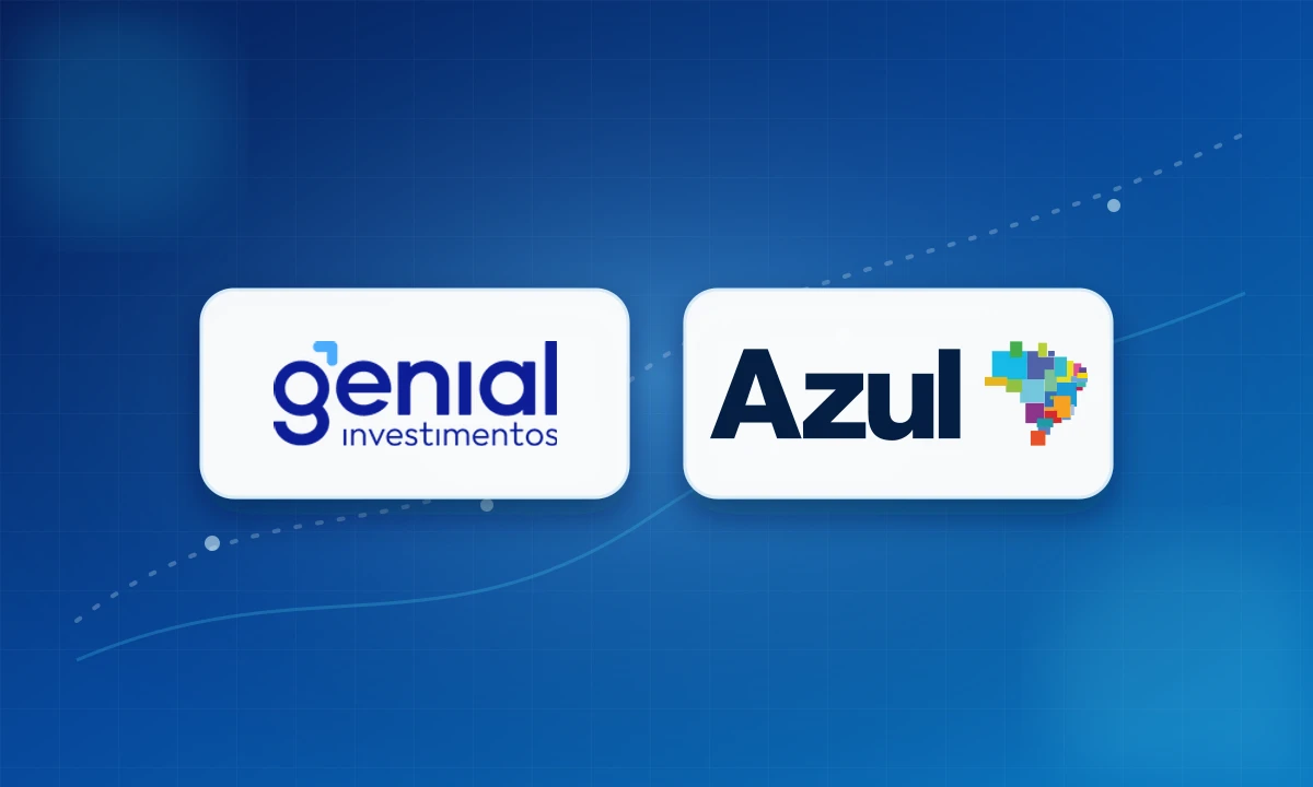 Genial e Azul Fidelidade: Transfira Pontos com Até 100% de Bônus! 1 Logos Genial Investimentos e Azul centralizados lado a lado em fundo azul