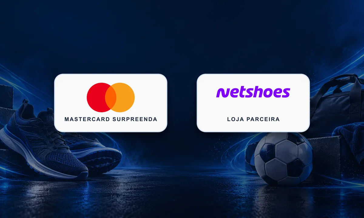 Mastercard Surpreenda e Netshoes lado a lado, centralizados em uma promoção de artigos esportivos.