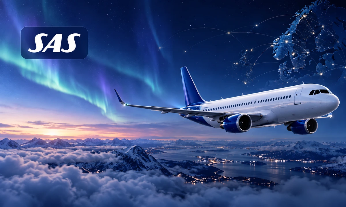 Logotipo SAS sobre paisagem nórdica com avião comercial e aurora boreal, representando o programa SAS EuroBonus
