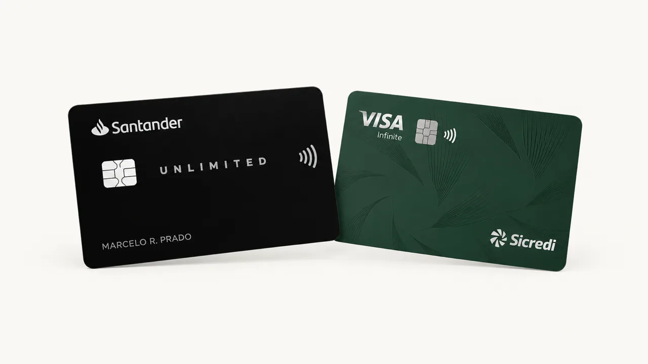 Unlimited Visa Select vs Sicredi Infinite: qual é melhor para viajar? 6 Cartões Santander Unlimited Visa Select e Sicredi Visa Infinite, em igual escala e inclinados um contra o outro